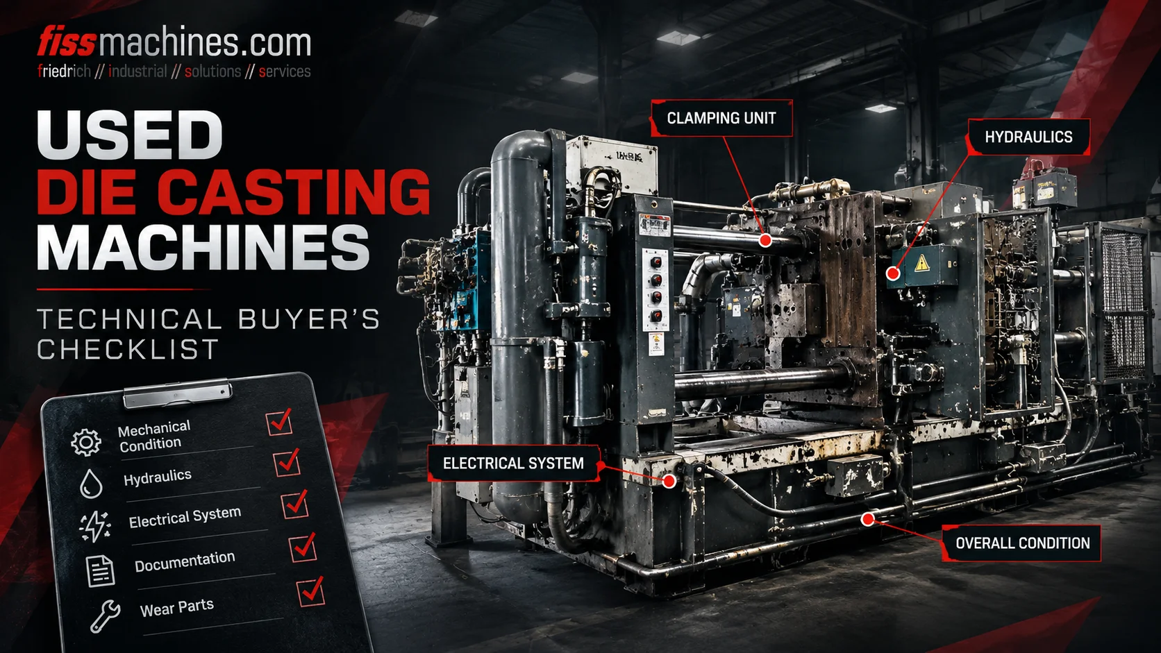 Illustrated used die casting machine with a technical buyer checklist covering mechanical, hydraulic and electrical systems.
